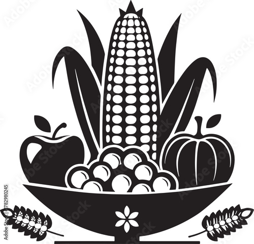 Kwanzaa african culture Black and white graphic of harvest bounty in a bowl with corn apple pumpkin and grapes