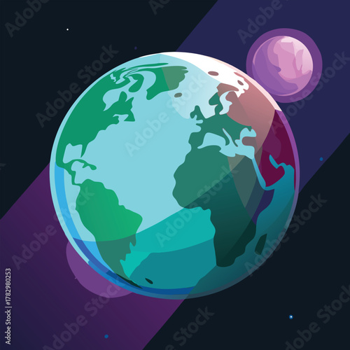 Stylized Earth and Moon in Deep Space astronomy blue