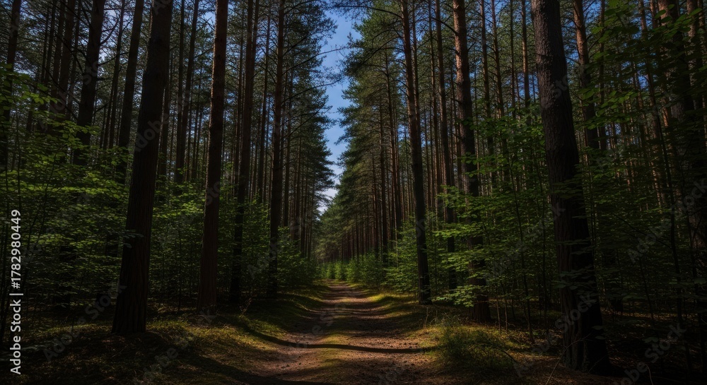 Fototapeta premium Sun-Dappled Path Through a Serene Pine Forest with Tall Trees and Filtering Sunlight on a Bright Day