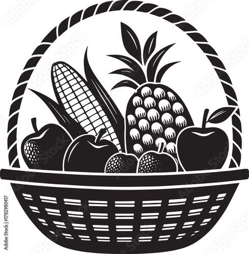 Kwanzaa african culture Black and white illustration of a woven basket filled with various fruits and vegetables