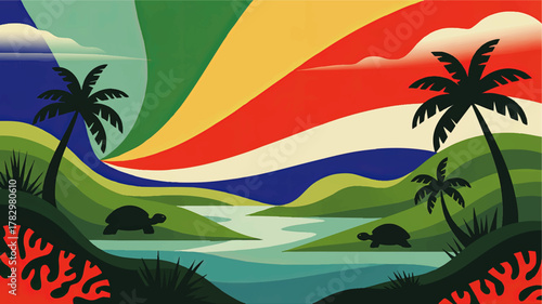 Vibrant Tropical Landscape Illustration with Turtles, Palm Trees, Colorful Sunset Sky and River, Nature Art, Vector Style