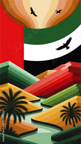 Vibrant UAE Flag Desert Landscape Illustration with Palm Trees, Eagles, Abstract Sand Dunes and Modern Geometric Style Art