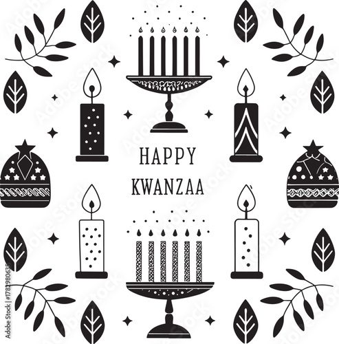 Kwanzaa african culture Black and white Kwanzaa celebration graphic with candles kinara and leaves happy Kwanzaa