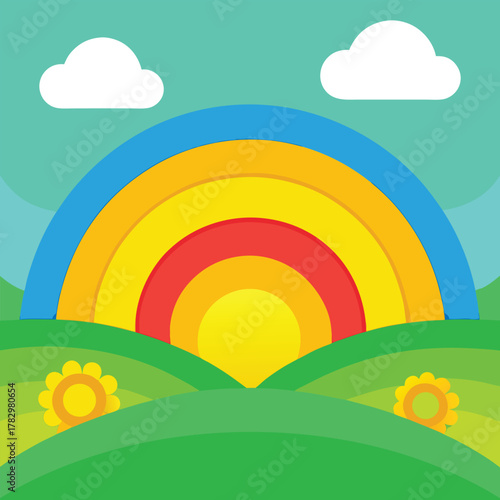 Stylized Rainbow and Sun Over Green Hills with Flowers Keywords: rainbow, sun, clouds, sky, green