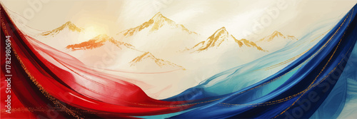 Abstract red and blue silk waves with gold accents, sunrise over painted mountain landscape, elegant Asian-inspired background