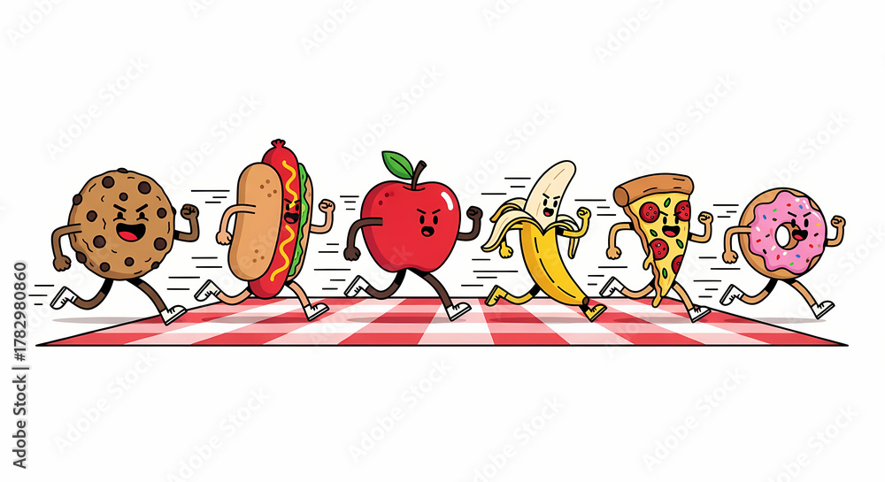 Naklejka premium Cartoon Food Characters Running on a Checkered Surface.