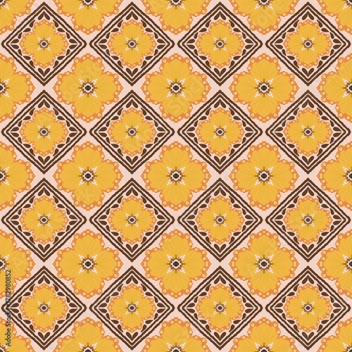 Retro Mustard Yellow Floral Tile Seamless Pattern, Vintage 70s Geometric Diamond Grid, Warm Autumn Earth Tones Textile and Wallpaper.