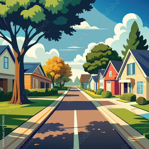 Suburban street with houses and trees on a sunny day