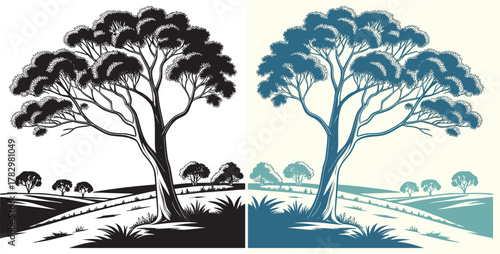 Stunning vector landscape with stylized trees evokes peace and tranquility in classic black and white or cool blue tones for creative design projects