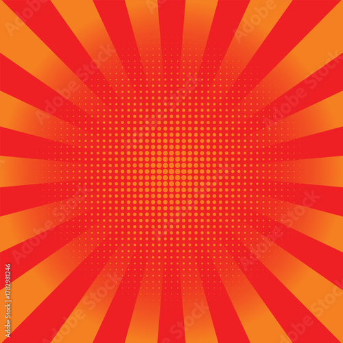A vibrant red and orange sunburst background with a central halftone dot pattern, reminiscent of retro comic book art.
