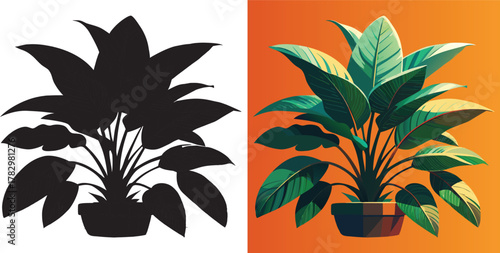Stylish houseplant illustration featuring vibrant colors and bold graphic elements for modern interior designs and botanical themes, with sleek silhouette option