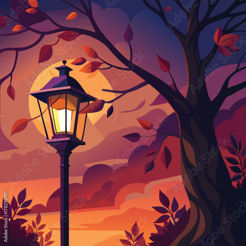 Vintage street lamp at dusk with autumn leaves and sunset