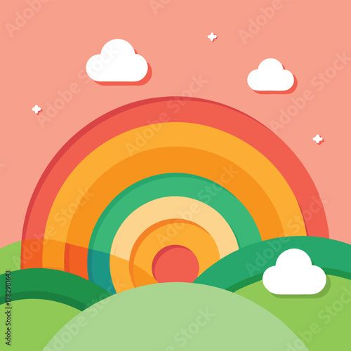 Whimsical rainbow over rolling green hills with fluffy clouds