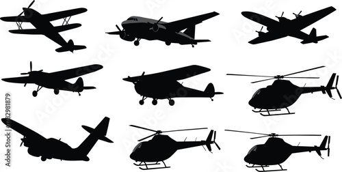 Aircraft silhouette vector, airplane and helicopter clipart, aviation icon set, black aircraft graphic, flying vehicle illustration, rotor design