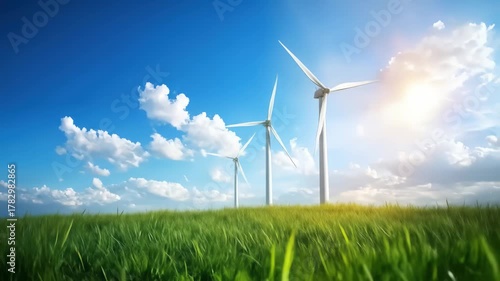 Vibrant Sunny Day Showcasing Wind Turbine Power Generation in Green Field Under Blue Sky with Clouds Highlighting Renewable Energy, Environmental Sustainability, and Clean Energy Solutions