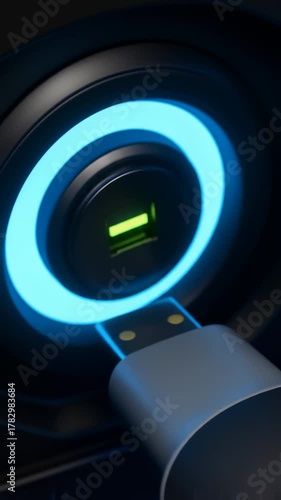 Futuristic Electronic Device Featuring Charging Port with Illuminated Blue Ring and Charging Cable, Showcasing Advanced Power Connection Technology and Digital Battery Indicator in Close Up View