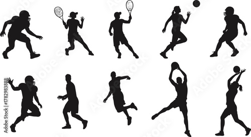 Athlete silhouette vector, sports action poses, football players, basketball motion, lacrosse figures, dynamic movement, black illustration, active design, stock icon, team sport