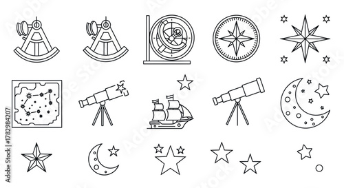 Discover the cosmos with vintage navigational tools astrolabe telescope compass celestial charts ship stars moon