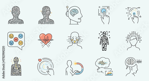 Modern technology icons exploring human emotion, health, and digital transformation with vibrant, clean design for business and innovation concepts.