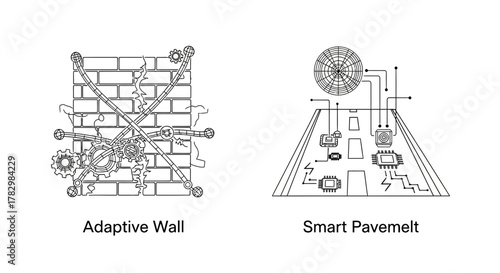 Innovative adaptive wall and smart pavement concepts with intricate mechanical and electronic components, showcasing future technology integration for urban development.