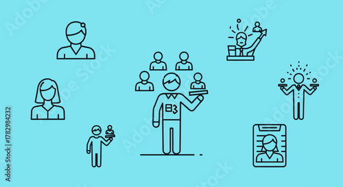 Business people icons representing teamwork, leadership, and individual success in a modern professional environment