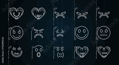 Dynamic collection of diverse emotional expressions and icons, perfect for modern communication and digital design projects