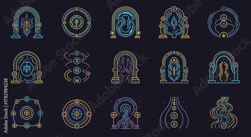 Mystical portals and cosmic symbols blend in a vibrant, modern design collection perfect for fantasy and science fiction projects