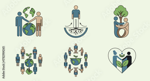 Global collaboration and ecological care featuring diverse people nurturing planet Earth and growth symbols