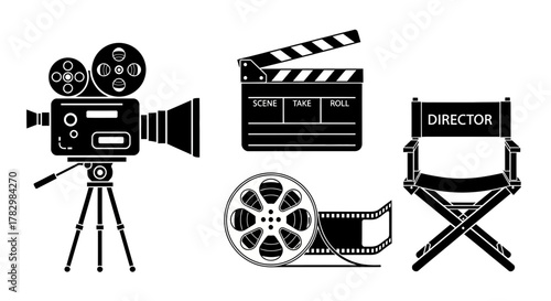 Capture the magic of filmmaking with iconic movie production elements like a vintage camera, clapperboard, film reel, and director's chair for creative projects.