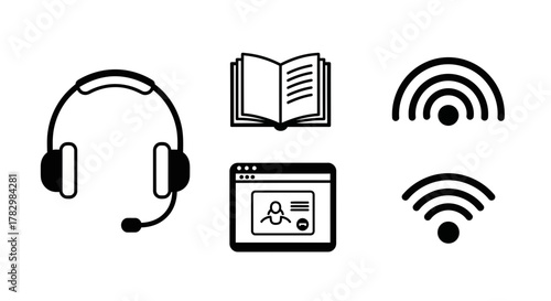 Icon set for online learning and communication featuring headphones, open book, profile card, and wifi symbols for digital connection and education