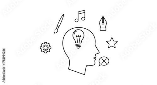 Creative mind sparking innovative ideas with artistic and technical elements representing inspiration and problem solving.