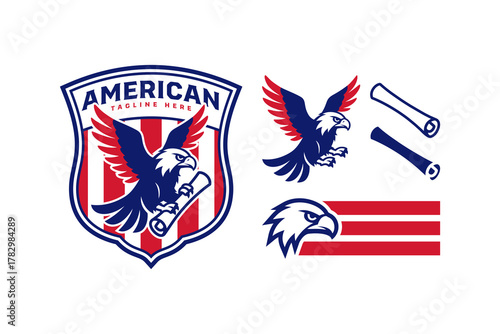 Eagle animal flying pose and holding document modern badge logo design set. Hawk with letter scroll and shield mascot logo design set for American patriotic. Vector Illustration