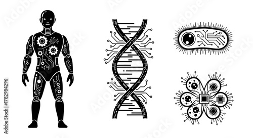 Futuristic cyborg man, digital DNA helix, and advanced microchip organisms represent cutting edge biotechnology and artificial intelligence innovation