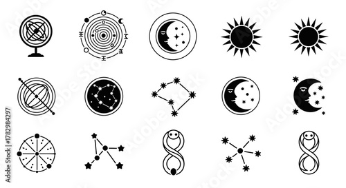 Cosmic celestial icons featuring suns moons constellations and astrological symbols for astronomy and astrology designs