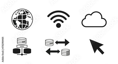 Dynamic digital icons representing global connectivity, wireless signals, cloud storage, database management, data transfer, and cursor interaction for modern technology concepts.