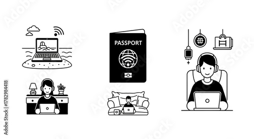 Embrace global connectivity and freedom with digital nomad lifestyle icons depicting remote work from anywhere, travel, and seamless online connection.