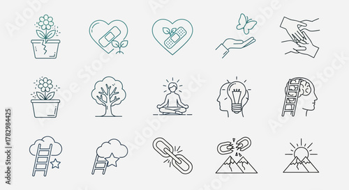 Inspiring business growth and mental wellness icons including plant, heart, idea, and success symbols for your next project