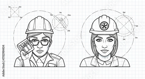 Confident women engineers with hard hats and blueprints visualize innovative projects, showcasing modern industry leadership and precision planning