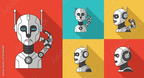 Modern robots with expressive faces and articulated hands, showcasing AI and futuristic technology in vibrant, dynamic compositions for innovation themes.