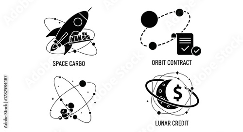 Innovative space exploration concepts including cargo, contracts, finance, and scientific research icons for futuristic business projects.