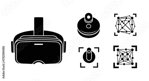 Immersive virtual reality headset and futuristic digital network icons for technology and innovation concepts