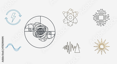 Dynamic collection of science, technology, and natural patterns symbolizing innovation, energy, and cosmic order for modern design projects