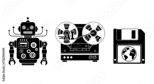 Retro robot, vintage AI tape recorder, and floppy disk with Earth symbol represent technology evolution and digital data.