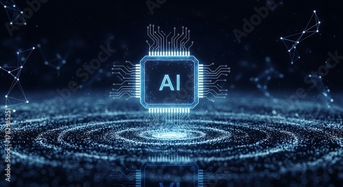 Abstract digital art depicting a glowing ai chip at the center of a swirling vortex of blue particles, symbolizing artificial intelligence and data