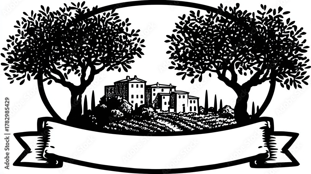 Fototapeta premium Rural Italian landscape with olive trees and a village.
