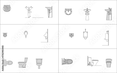 Line art vector set of bathroom sanitary ware: toilets, sinks, and urinals shown in plan, elevation, and section views for architectural details.