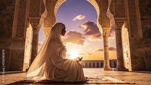 Serene Prayer A Muslim Womans Spiritual Connection at Sunset.