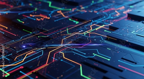 Abstract digital circuit board with glowing neon lines representing data flow and connectivity in a futuristic network