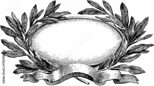 Ornate oval frame with laurel leaves and ribbon banner.
