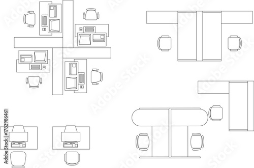 Line art vector set of modern office workstation clusters, desks, and chairs in plan view for architectural layouts.